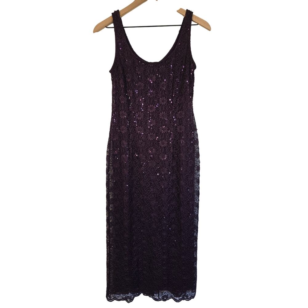Vintage R&M Richards Purple Sequin Lace Midi Dress 6P Evening Glam
